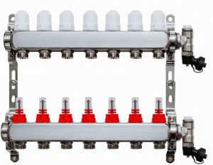 Коллекторная группа  1"х3/4" GROSSETO 8 вых. с расходомерами нерж. кронштейн, кран Маевского 10 бар